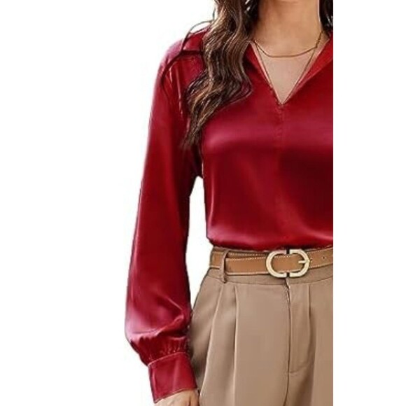 GRACE KARIN Satin Blouse Wide Lapel V Neck Long Sleeve NWT red XL classic office - Picture 3 of 12